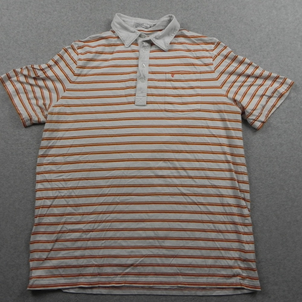 Criquet Polo Shirt Mens XL Regular Fit Pocket White Orange Striped Short Sleeve